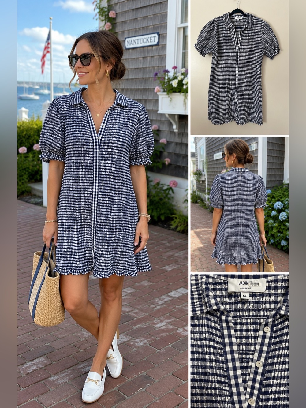 Jason Wu Collective Gingham Smocked Dress Navy White Puff Sleeve Ruffle Hem